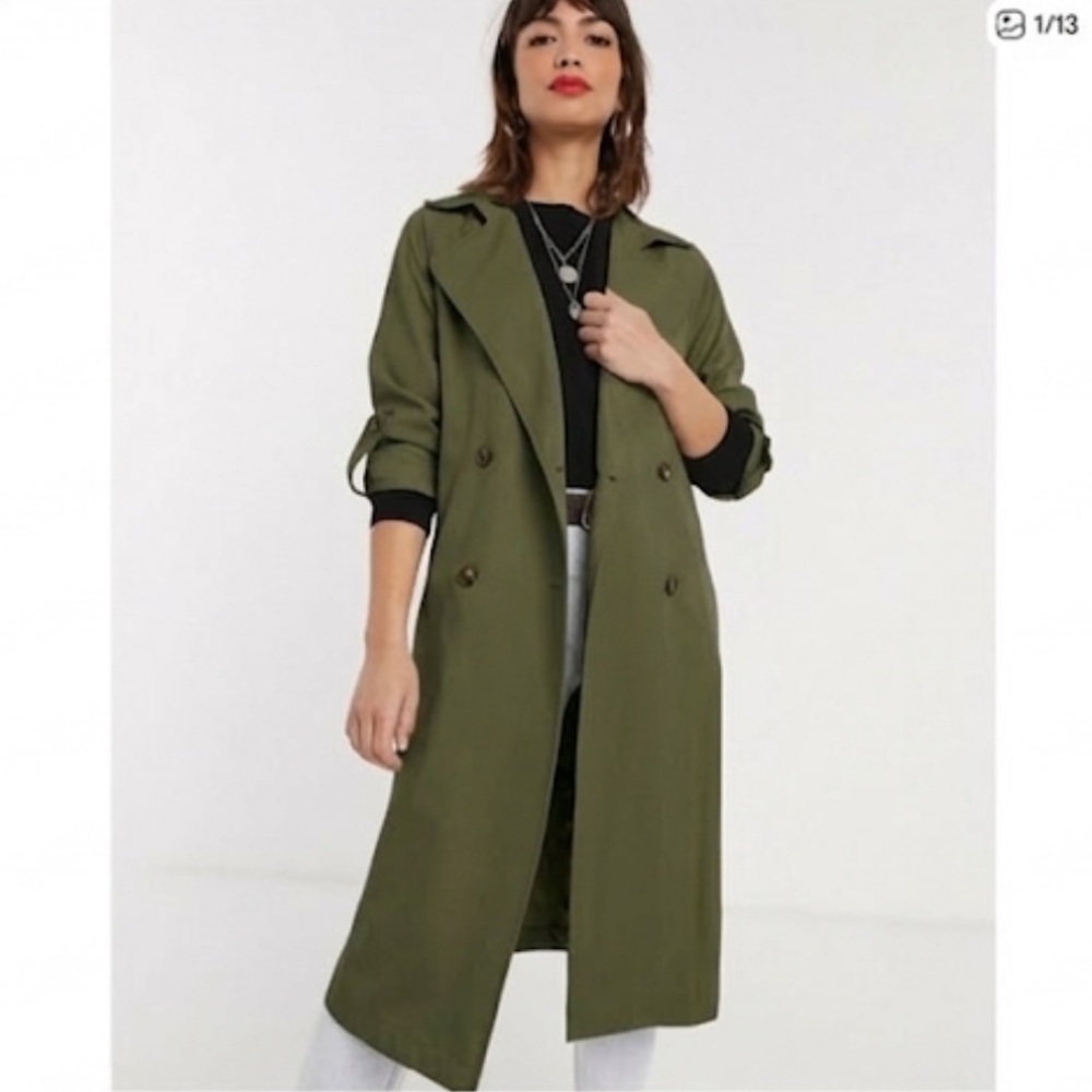 Stradivarius Olive Green Lightweight Double Breasted Trench Coat Large